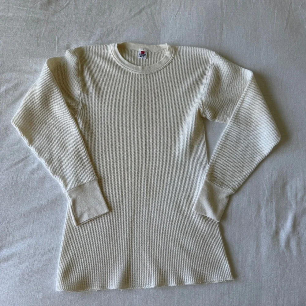 80's Hanes Waffle Knit Thermal Shirt Long Sleeve Crew Neck Cream Size M